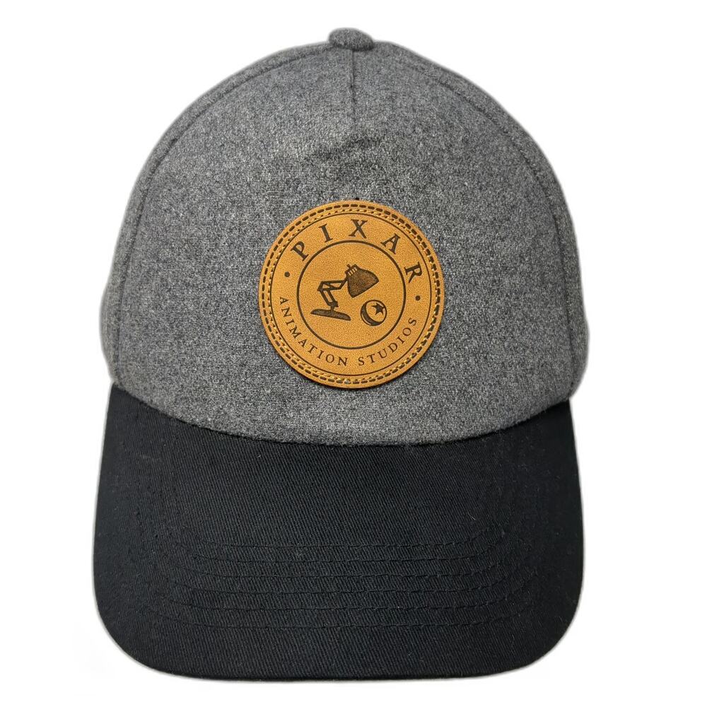 Pixar Animation Studios 5 Panel Gray Hat One Size Leather Patch Slideback Wool